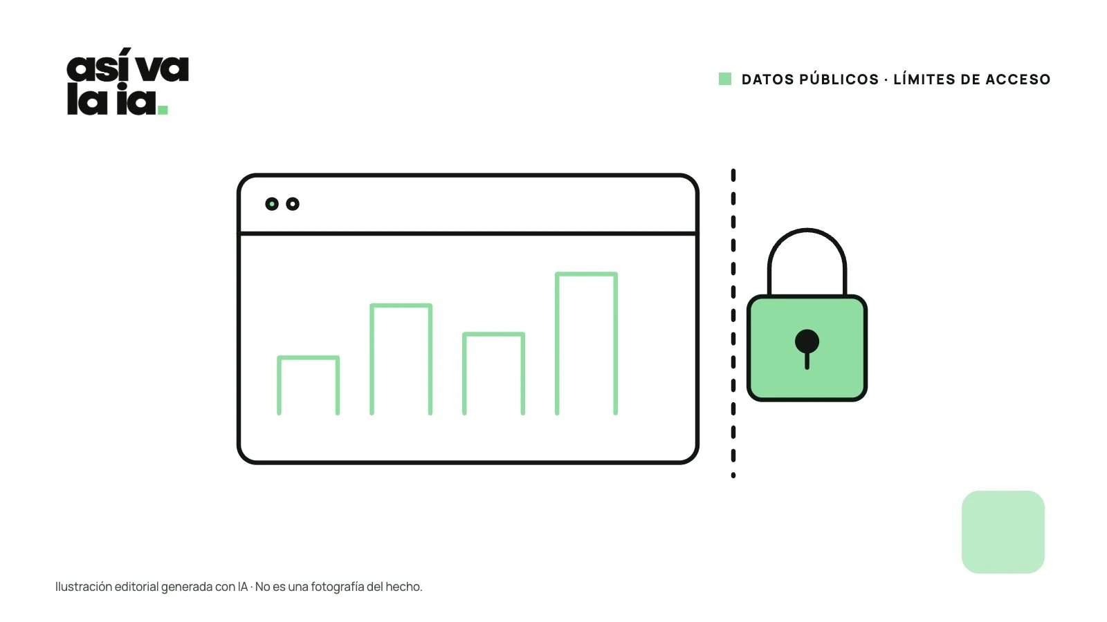 Ilustración editorial generada con IA: un panel de datos y un límite de acceso. No es una fotografía del hecho.